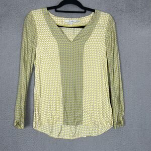 Boden Shirt Womens US 4 Yellow Gray White Geometric Print Long Sleeve Silk Blend